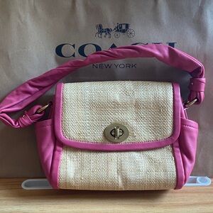 Coach Parker Straw/Top Handle Purse Handbag Pink/Beige